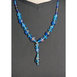 MURANO BLUE GLASS LAMP WORK BEADS NECKLACE WITH TASSEL VINTAGE